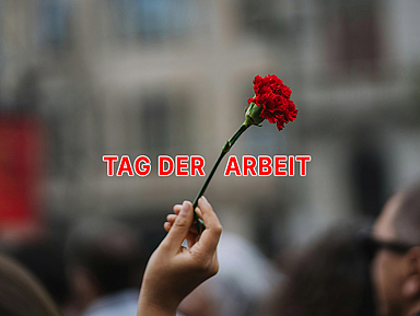 Unser Foto zeigt eine Person, die eine rote Nelke hochhält. Die rote Nelke gilt als Symbol der Arbeiterbewegung. In der Geschichte wurden Demonstrationen am 1. Mai häufig gewaltsam unterbunden, Fahnen oder Plakate waren verboten. Deshalb trugen viele Protestierende eine rote Nelke im Knopfloch. So konnten sie ihre Verbundenheit zeigen und Gleichgesinnte erkennen.