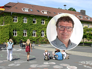 Montage aus einem Porträt von Martin Michel und einer Außenaufnahme der Melanchthon-Schule Steinatal. Im Hintergrund sind das mit Efeu bewachsene Schulgebäude sowie Schülerinnen und Schüler auf dem Schulhof zu sehen. Montage aus einem Porträt von Martin Michel und einer Außenaufnahme der Melanchthon-Schule Steinatal. Im Hintergrund sind das mit Efeu bewachsene Schulgebäude sowie Schülerinnen und Schüler auf dem Schulhof zu sehen.