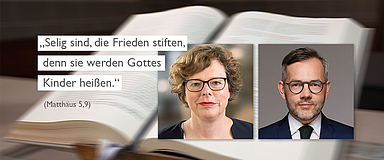 Diskutiereten am 13. April im Onlineformat: Bischöfin Dr. Beate Hofmann und der Außenpolitiker und SPD-Präsidiumsmitglied Michael Roth. (Fotos: l. und Hintergrund: medio.tv/Schauderna, r.: Michael Farkas)