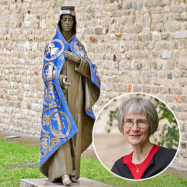 Das Foto zeigt die neue Bronzefigur der Kunigunde vor der Kaufunger Stiftskirche und ein Portraitfoto von Pröpstin Katrin Wienold-Hocke.  Das Foto zeigt die neue Bronzefigur der Kunigunde vor der Kaufunger Stiftskirche und ein Portraitfoto von Pröpstin Katrin Wienold-Hocke.