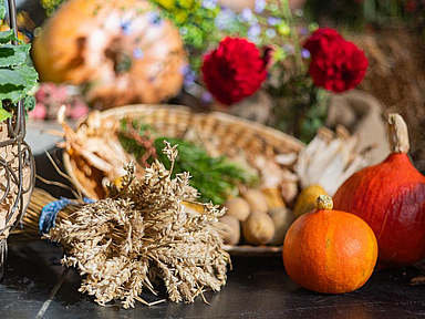 Früchte, Gemüse und Blumen als Erntedankgaben Früchte, Gemüse und Blumen als Erntedankgaben