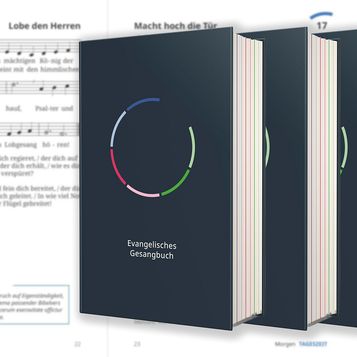 Auf der Vorderseite zeigt das neue Gesangbuch einen blaugrundigen, nach rechts oben geöffneten Kreis mit sechs farbigen Segmenten in Blau‑, Rot‑ und Grüntönen; darunter steht in Weiß der Titel „Evangelisches Gesangbuch“. Auf der Vorderseite zeigt das neue Gesangbuch einen blaugrundigen, nach rechts oben geöffneten Kreis mit sechs farbigen Segmenten in Blau‑, Rot‑ und Grüntönen; darunter steht in Weiß der Titel „Evangelisches Gesangbuch“.