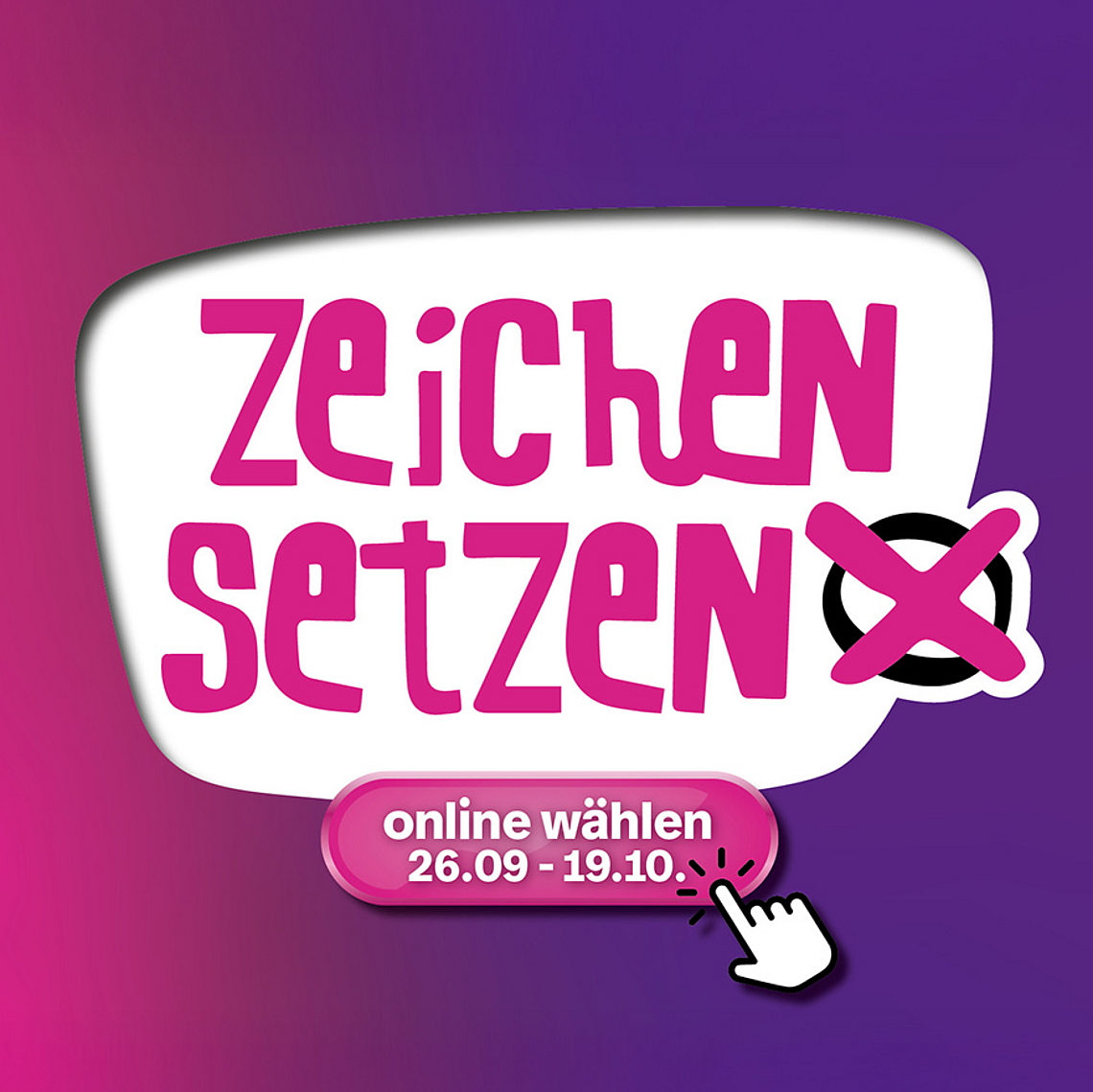 Wahlmotiv zur Kirchenvorstandswahl 2025 mit Infos zur Onlinewahl und dem Motto „Zeichen Setzen - deine stimme wirkt“. Grafisches Wahlmotiv zur Kirchenvorstandswahl 2025 der Evangelischen Kirche von Kurhessen-Waldeck. Der Hintergrund verläuft von kräftigem Pink zu dunklem Violett. Links steht in weißer Schrift: „deine stimme wirkt“ und darunter „26.10.2025 Kirchenvorstandswahl“. Rechts befindet sich ein weißes Feld mit pinker Schrift „Zeichen setzen“, daneben ein schwarzes Kreuz in einem weißen Kreis mit pinkem Rand. Darunter ein pinker Button mit der Aufschrift „online wählen 26.09 – 19.10.“ und einer weißen Computerhand, die darauf zeigt.