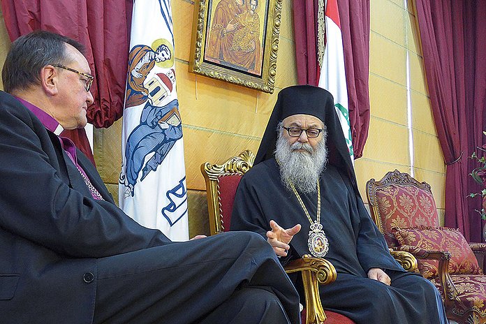 Besuch in Syrien bei Patriarch Johannes X. von der Rum-orthodoxen Kirche, zu der die Landeskirche freundschaftliche Beziehungen pflegt. (2016). (Foto: medio.tv)