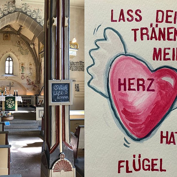 Unser Foto zeigt einen Blick in die noch nicht umgestaltete Kirche und das Motiv des Trostprojekts mit dem Motto.