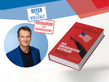 Lesung „Der amerikanische Albtraum“ mit Klaus Brinkbäumer Das Veranstaltungsbild zeigt ein Porträtfoto neben dem roten Buchcover „Der amerikanische Albtraum – Faschismus made in USA“ von Klaus Brinkbäumer. Darüber steht das Logo der Initiative „Offen für Vielfalt – Geschlossen gegen Ausgrenzung“.