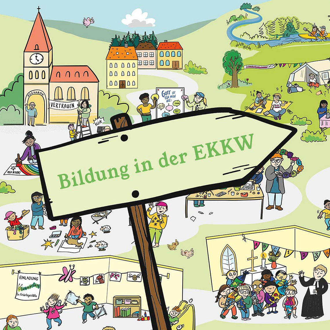 Ausschnitt aus dem Wimmelbild der EKKW Liebevoll gestaltet, lebendig und bewusst nicht vollständig: Der Blick auf das Wimmelbild lädt dazu ein, genauer hinzuschauen: Wo begegnet uns Bildung eigentlich vor Ort?