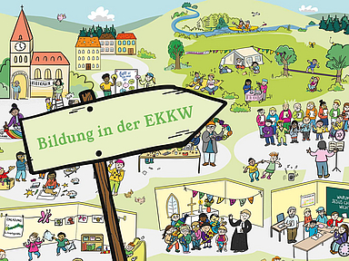 Ausschnitt aus dem Wimmelbild der EKKW Liebevoll gestaltet, lebendig und bewusst nicht vollständig: Der Blick auf das Wimmelbild lädt dazu ein, genauer hinzuschauen: Wo begegnet uns Bildung eigentlich vor Ort?