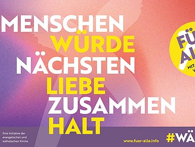 Das Bild zeigt das Kampagnenplakat mit den drei Kernbegriffen «Menschenwürde», «Nächstenliebe» und «Zusammenhalt».