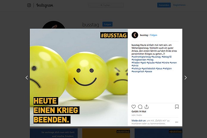 Bei der Buß- und Bettagskampagne kann in den Sozialen Netzwerken geteilt und kommentiert werden. Unser Foto zeigt einen Post im Instagram-Kanal.