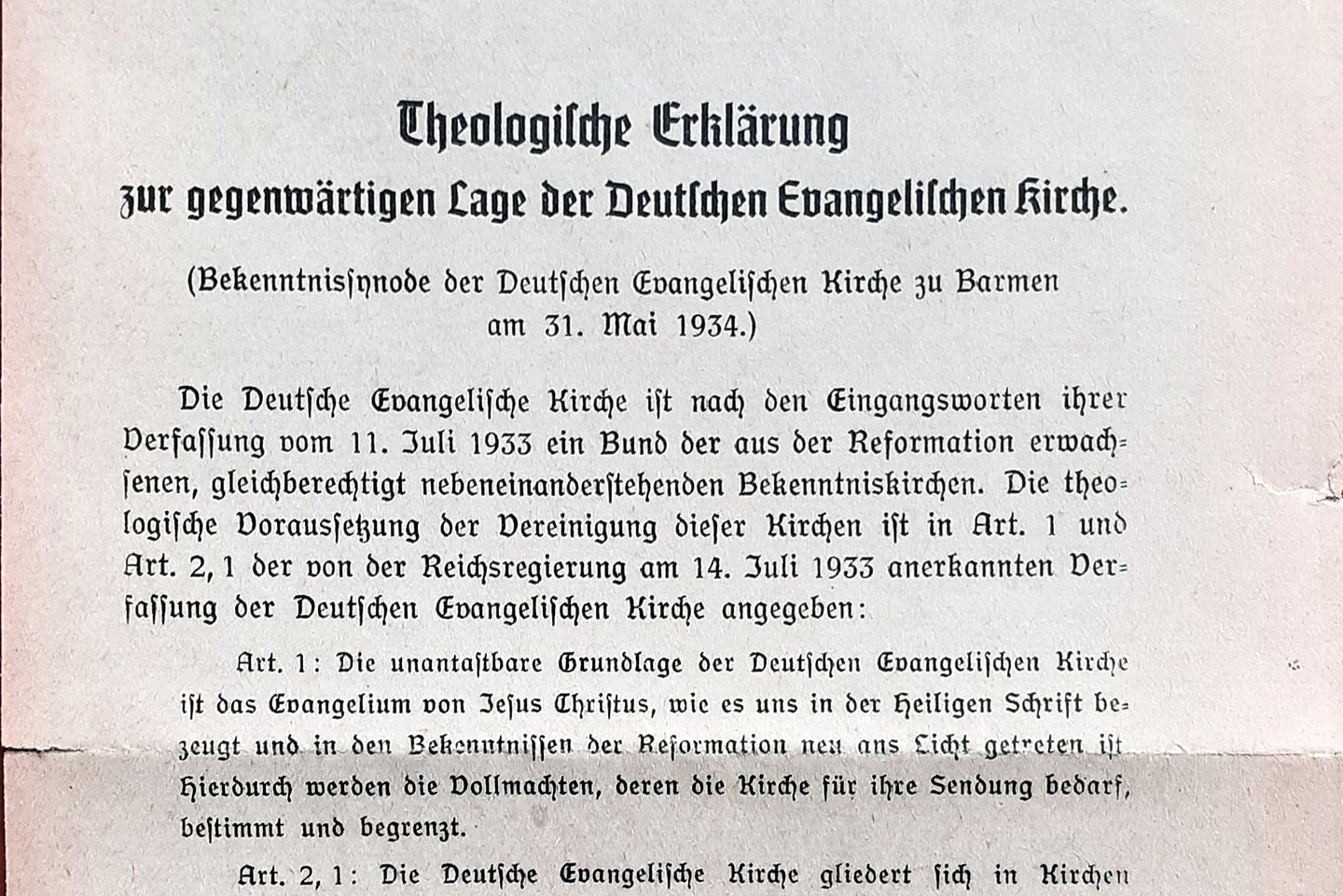 Foto vom Erstdruck der Barmer Theologischen Erklärung.