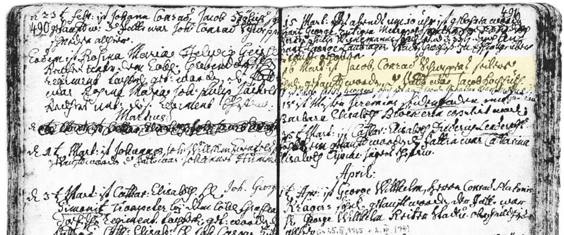 Die Markierung auf dem Digitalisat des Kirchenbuchs Witzenhausen 1715 bis 1746 zeigt: «16. Mart[ius] ist Jacob, Conrad Schweppeas Seilers_ _Söhnl[ein] getauft worden, d[er] Patte war Jacob Hochhuth.» Johann Jakob Schweppe, am 16. März 1740 in Witzenhausen getauft, ließ sich als Goldschmied 1766 in Genf nieder und arbeitete als Bijoutiermeister (Juwelier). Ab 1780 entwickelte er ein Verfahren, bei dem sich Wasser mit Kohlensäure versetzen lässt. Diesen Vorgang ließ Schweppe 1783 patentieren. Er gründete 1790 in Genf mit zwei Partnern eine Fabrik zur Herstellung von Sodawasser, 1792 dann eine Niederlassung in London. Schweppe verkaufte 1802 einen Großteil seines Anteils an englische Industrielle und kehrte nach Genf zurück. Ab 1897 nannte sich das Unternehmen Schweppes. (Abbildung: Landeskirchliches Archiv Kassel, Digitalisate Kirchenkreis Witzenhausen, Kirchenbuch Witzenhausen 1715 bis 1746, Seite 491.)