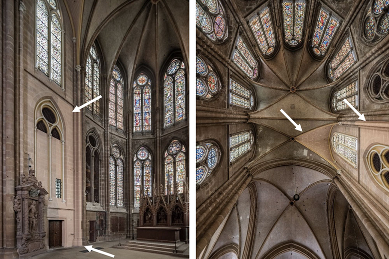 Die Musterfläche im Hohen Chor zeigt die angestrebte und gleichzeitig bauzeitliche Fassung, daneben sind die stark verschmutzten Wand- und Gewölbeflächen des jetzigen Zustands in der Elisabethkirche zu sehen.